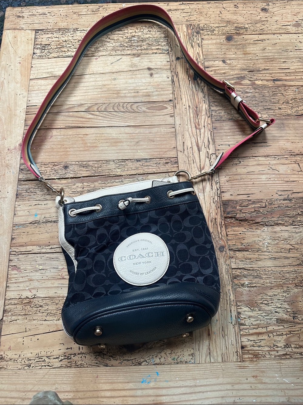 Coach Navy Crossbody with Cream Trim and Multicolor Stripe Strap